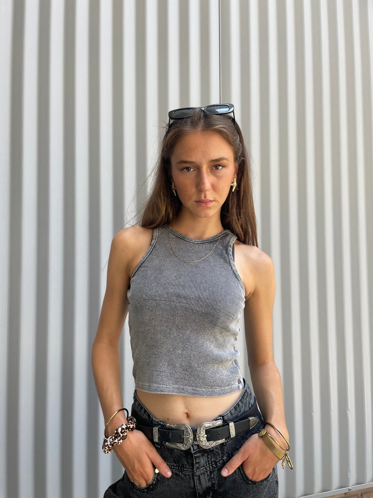 Washed Grey Round Neck Ribbed Top - Mii