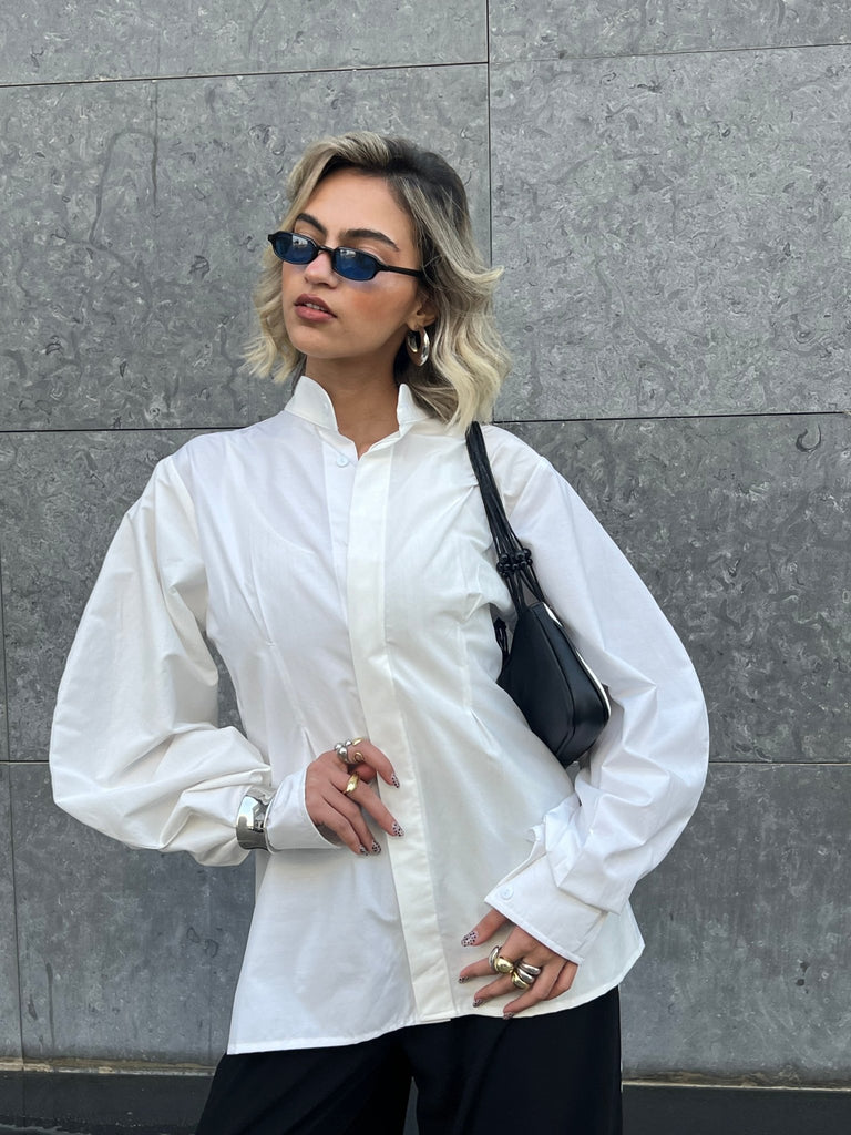 White Cinched Puff Sleeves Shirt - Mii