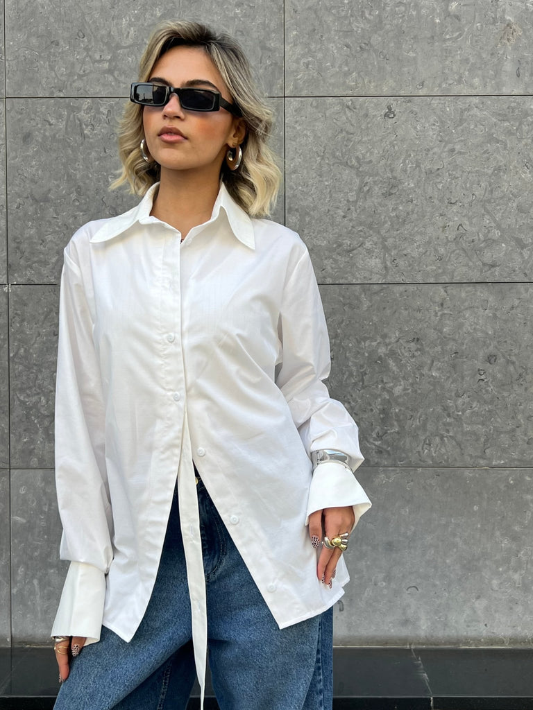 White Cinched Waist Shirt - Mii