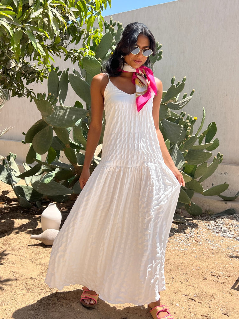 White Crinkled Drop Waist Dress - Mii