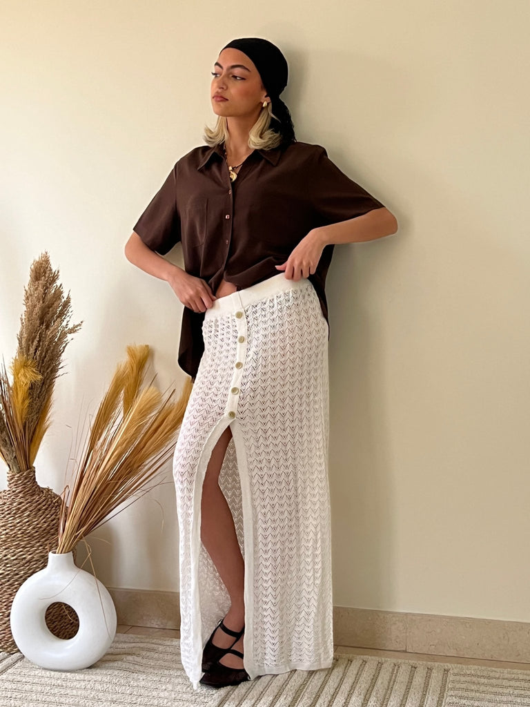 White Crochet Knit Slit Maxi Skirt - Mii