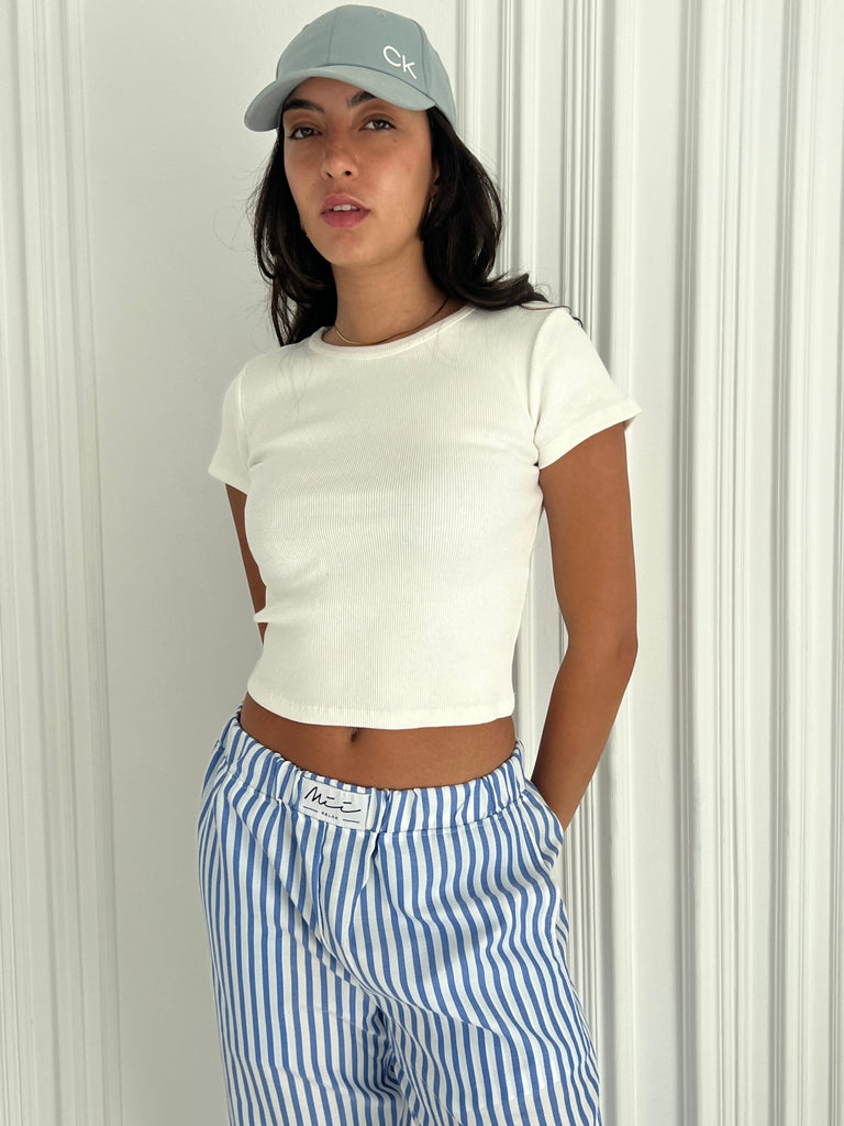 White Half Sleeve Ribbed Top - Mii