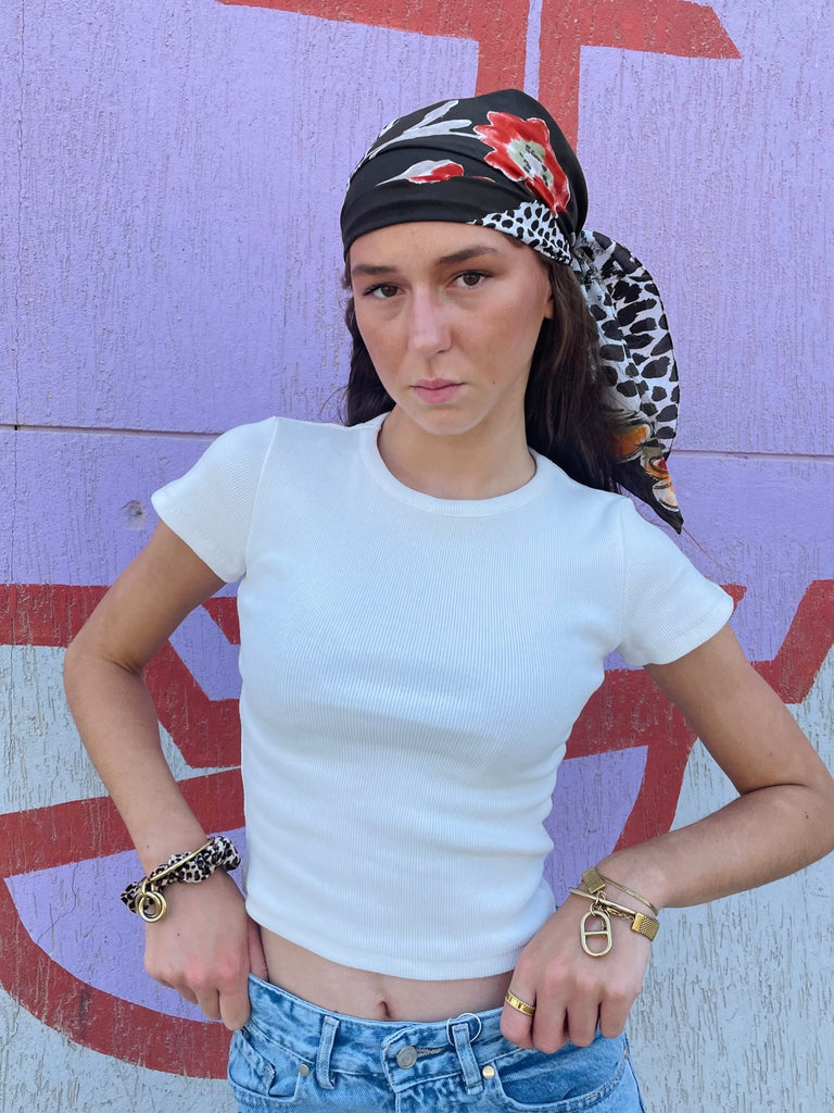 White Half Sleeve Ribbed Top - Mii