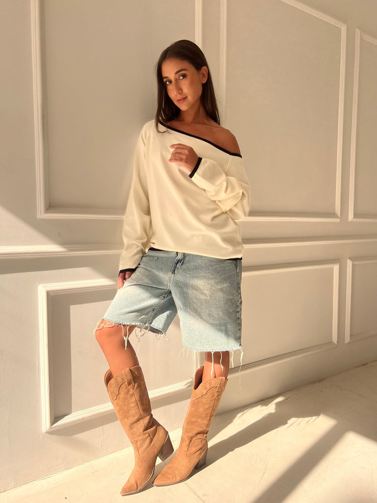 White One Shoulder Lined Knit Pullover - Mii