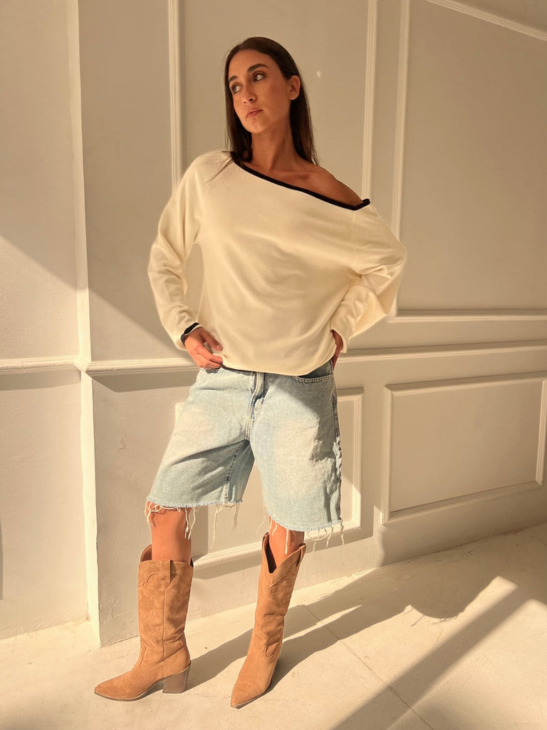 White One Shoulder Lined Knit Pullover - Mii