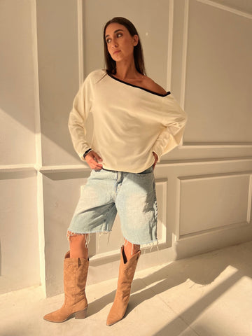 White One Shoulder Lined Knit Pullover - Mii