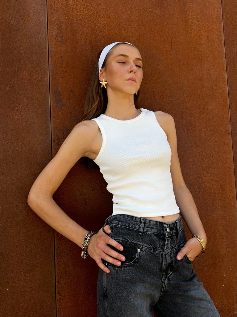 White Round Neck Ribbed Top - Mii