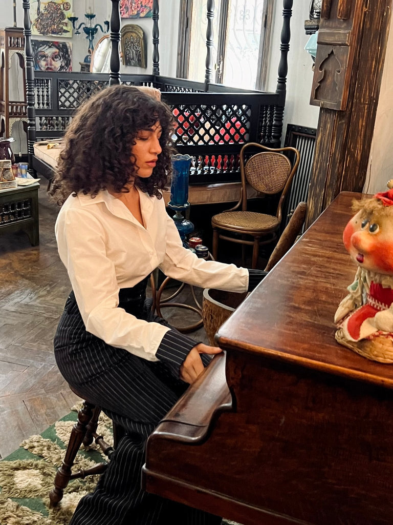 White Shirt with Black Pinstripe Cuffs - Mii