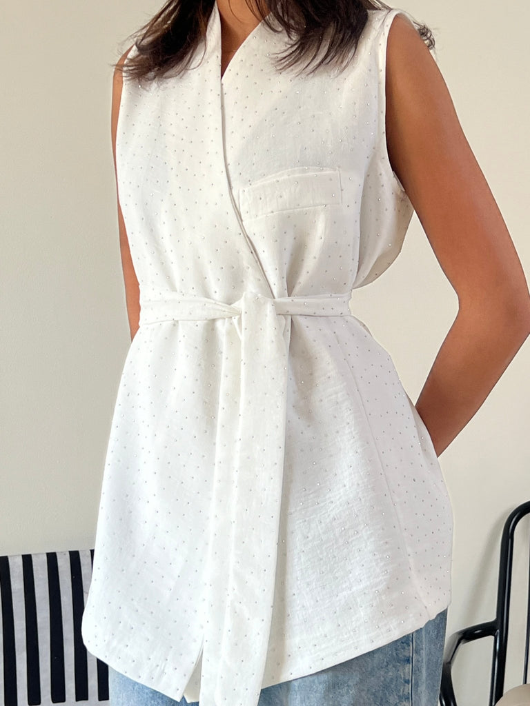 White Sleeveless Glittery Belted Vest - Mii
