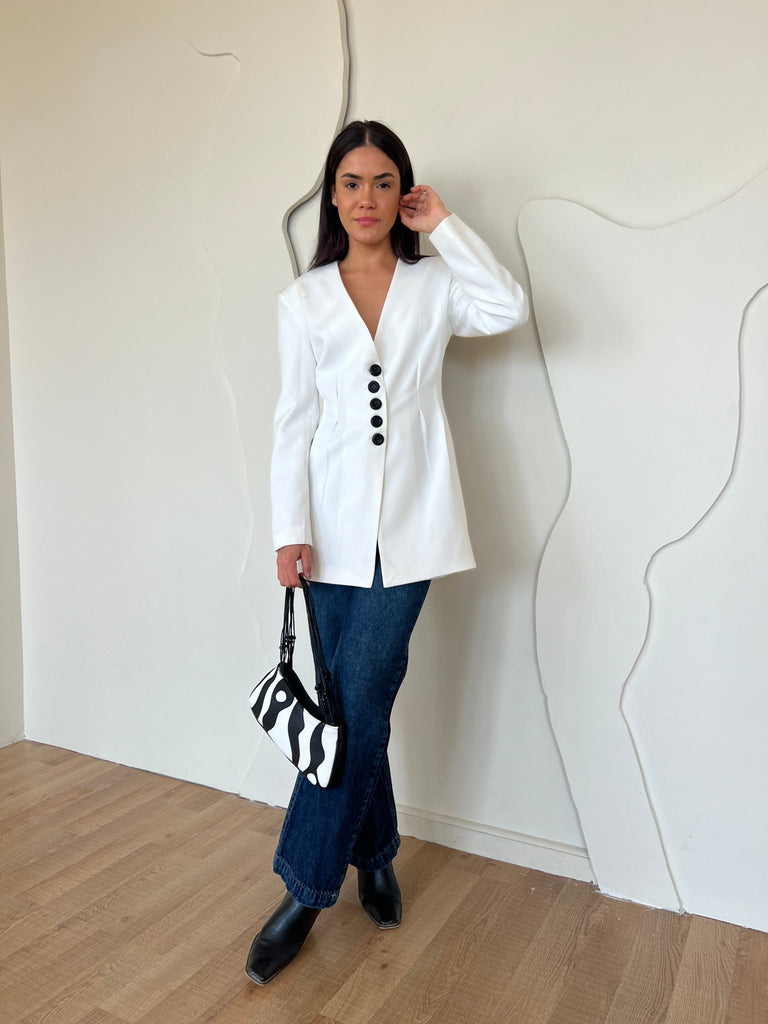 White Snatched Waist Blazer - Mii