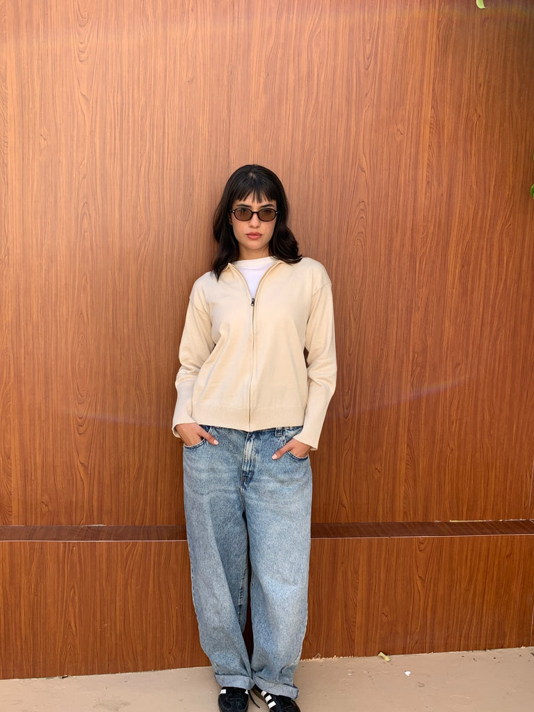 White Zip Up Knit Sweater - Mii