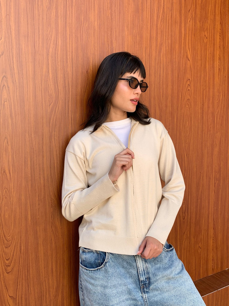 White Zip Up Knit Sweater - Mii