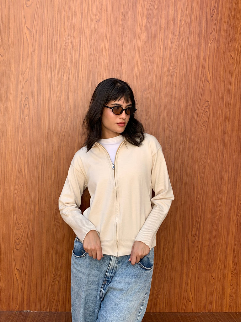 White Zip Up Knit Sweater - Mii