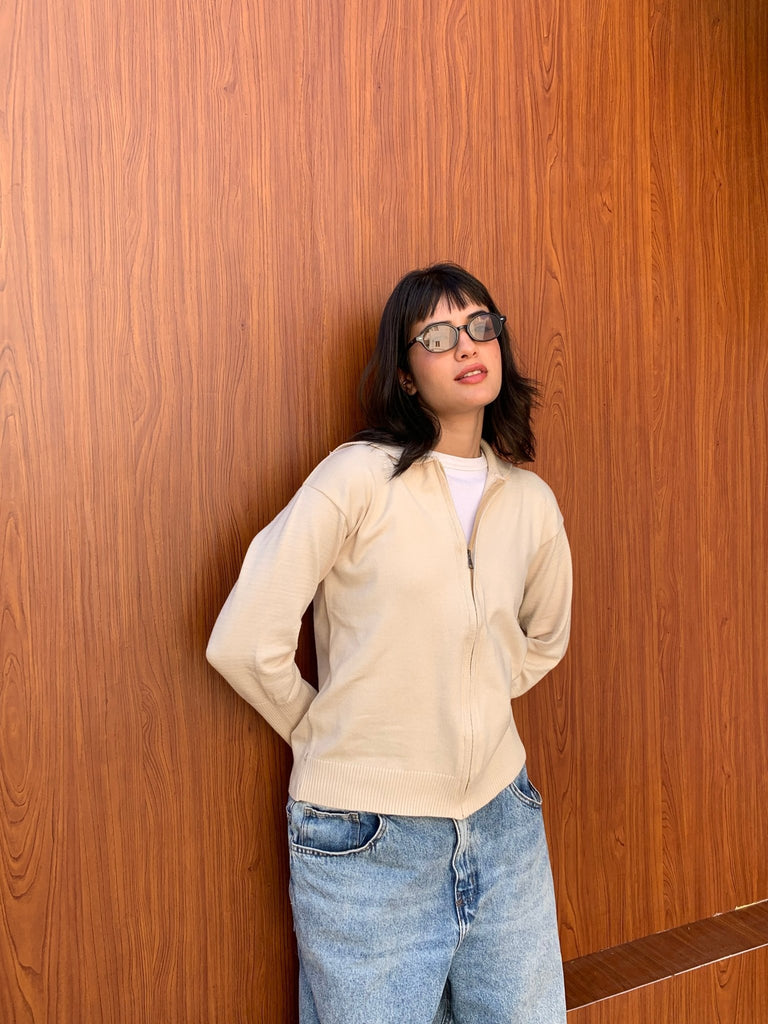 White Zip Up Knit Sweater - Mii