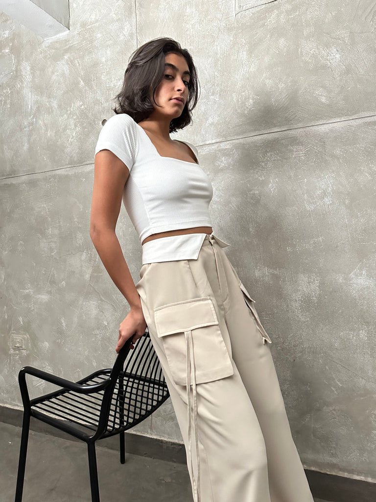 Beige Reverse Waist Cargo Pants - Mii