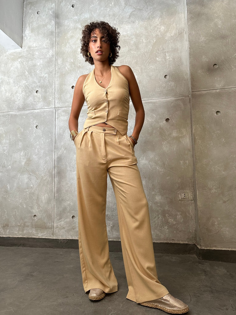 Beige Textured Low Waist Pants - Mii