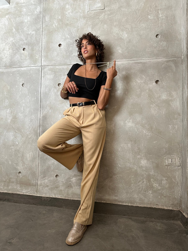 Beige Textured Low Waist Pants - Mii