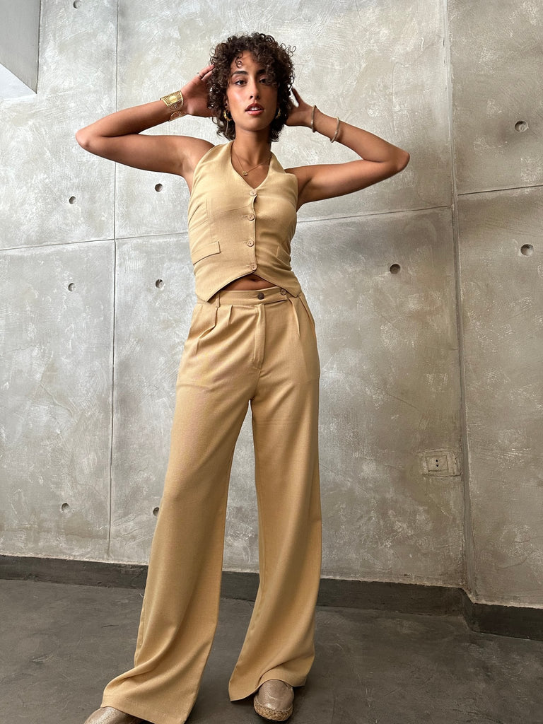 Beige Textured Low Waist Pants - Mii