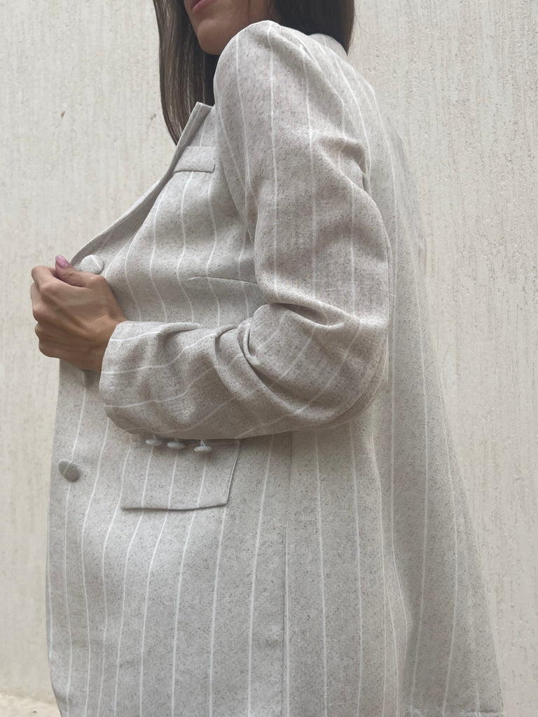 BeigexWhite Striped Buttoned Blazer - Mii