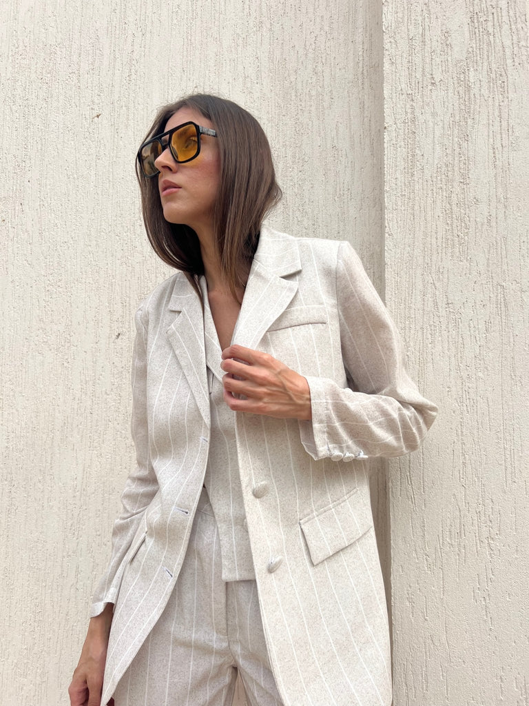 BeigexWhite Striped Buttoned Blazer - Mii