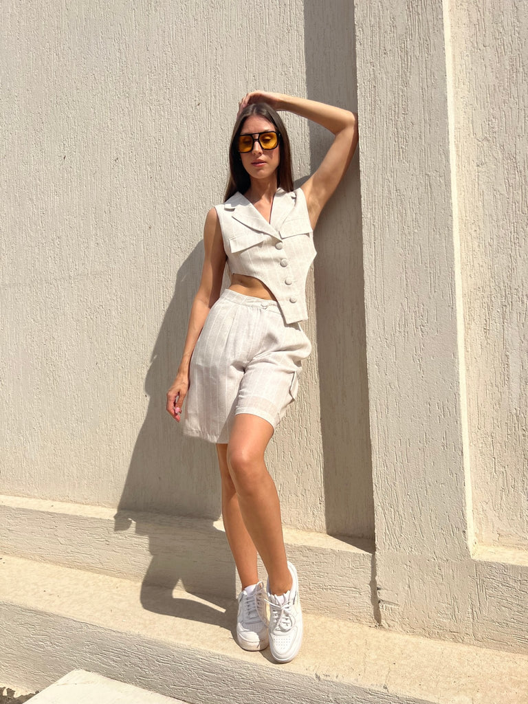 BeigexWhite Striped Shorts - Mii