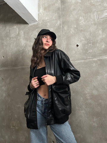 Black Leather Bomber Jacket - Mii