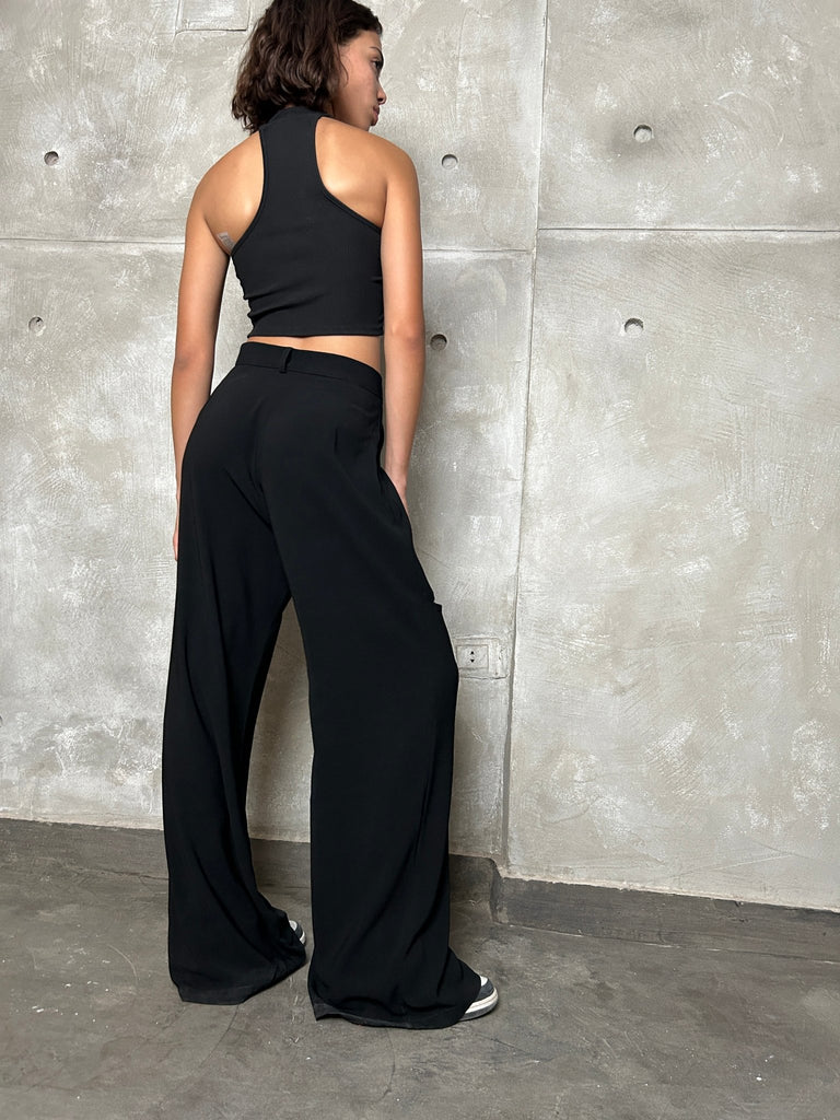 Black Silver Lined Slit Pants - Mii