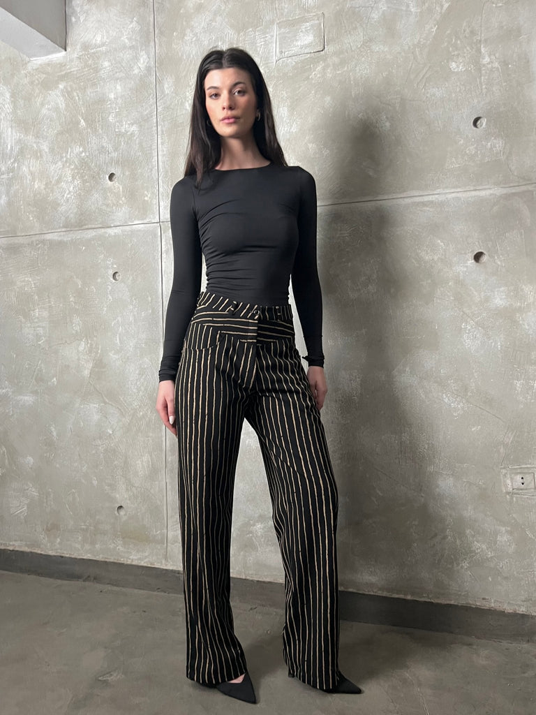 Black X Beige Striped Pants - Mii