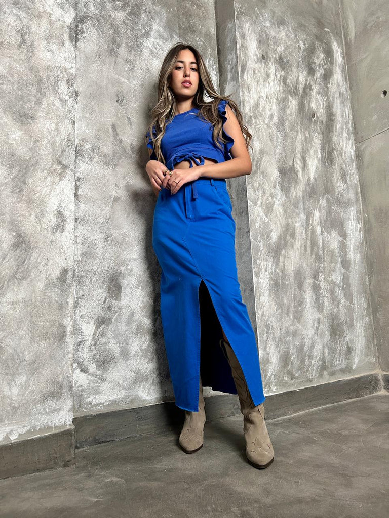 Blue Front Slit Gabardine Maxi Skirt - Mii
