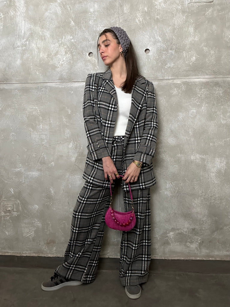 Grey Plaid Oversized Blazer - Mii