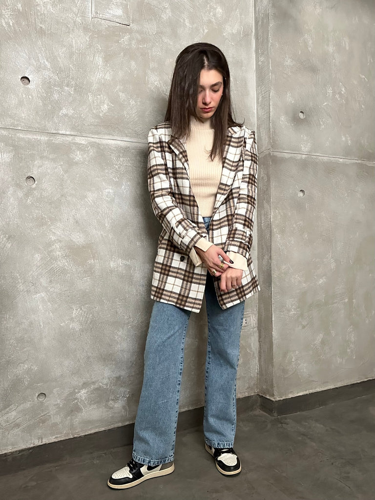 Off White Plaid Oversized Blazer - Mii