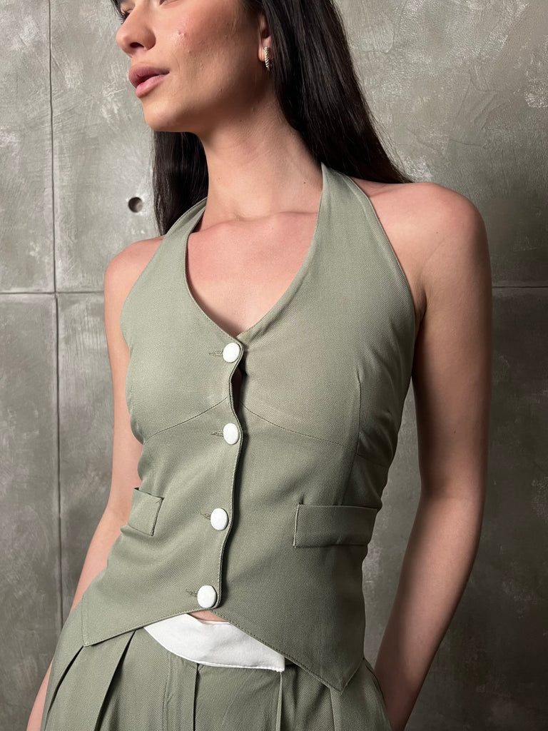 Olive Tie On Halter Vest - Mii