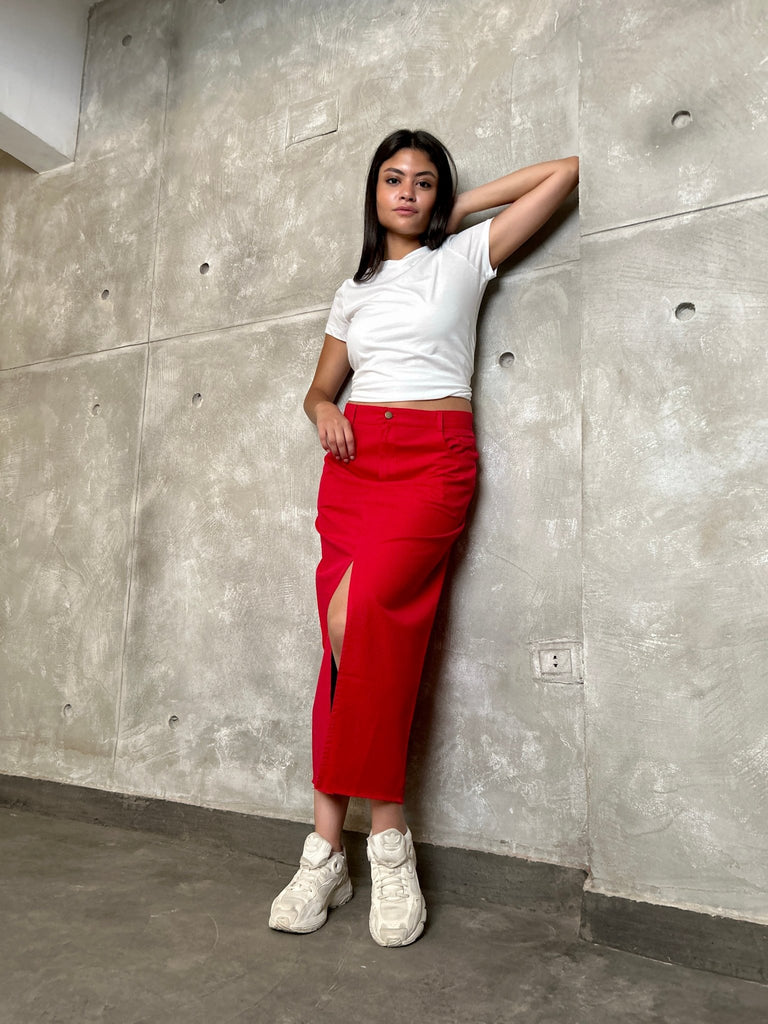 Red Front Slit Gabardine Maxi Skirt - Mii