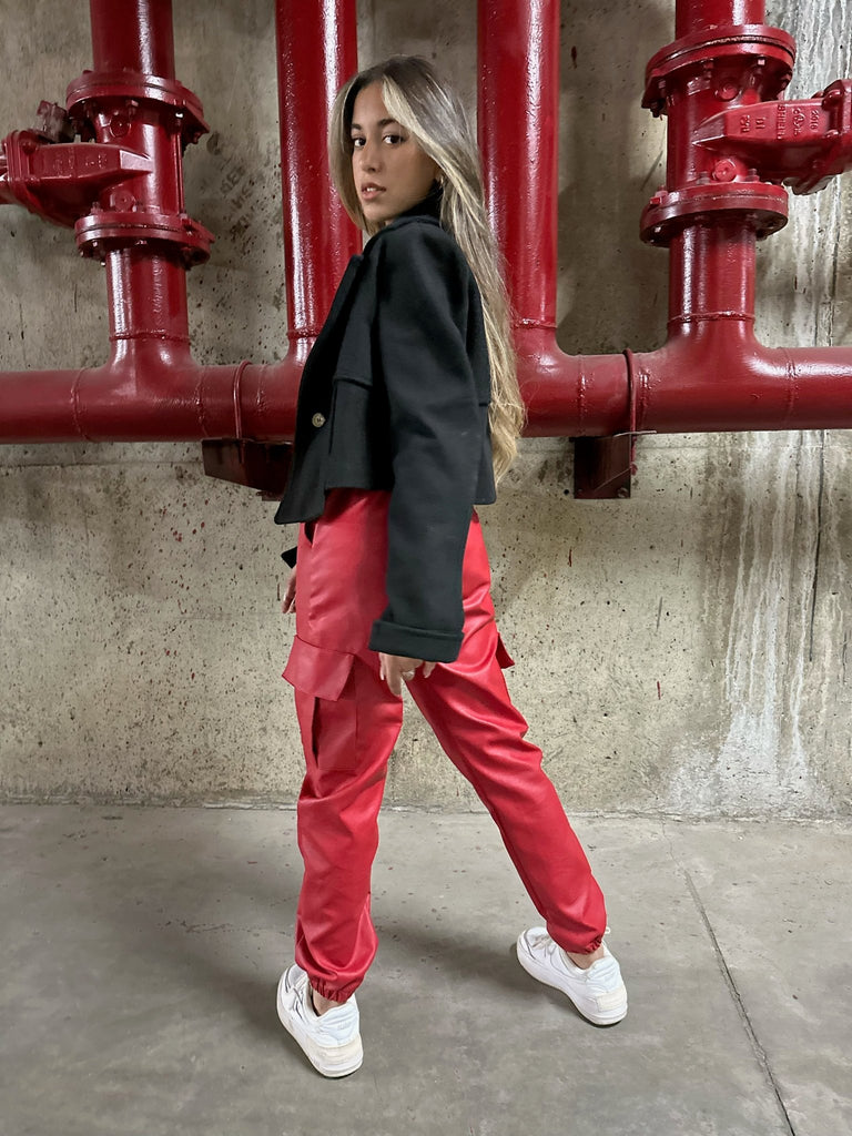 Red Leather Cargo Joggers - Mii