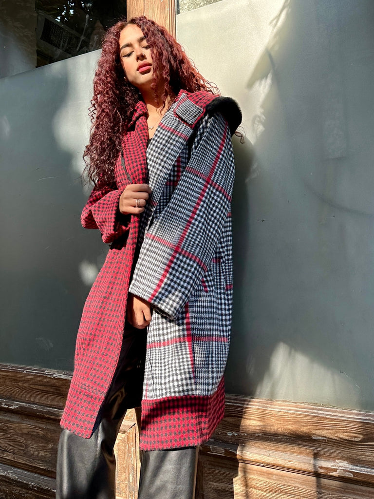 RedXGrey Plaid Fur Trim Coat - Mii