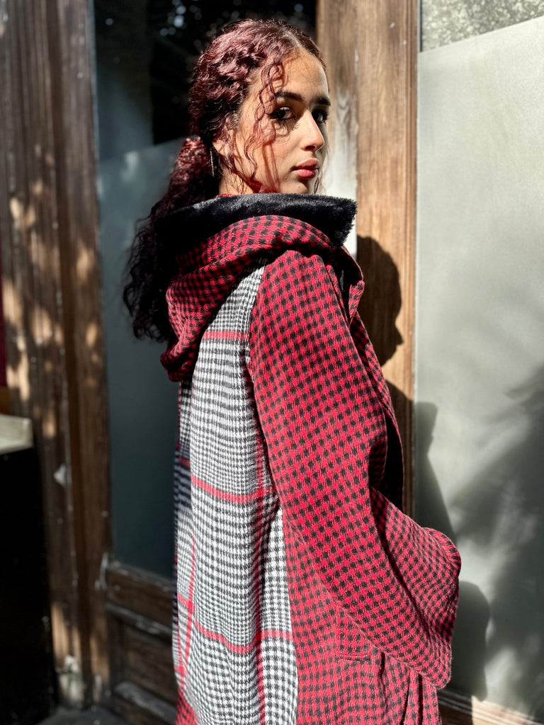 RedXGrey Plaid Fur Trim Coat - Mii