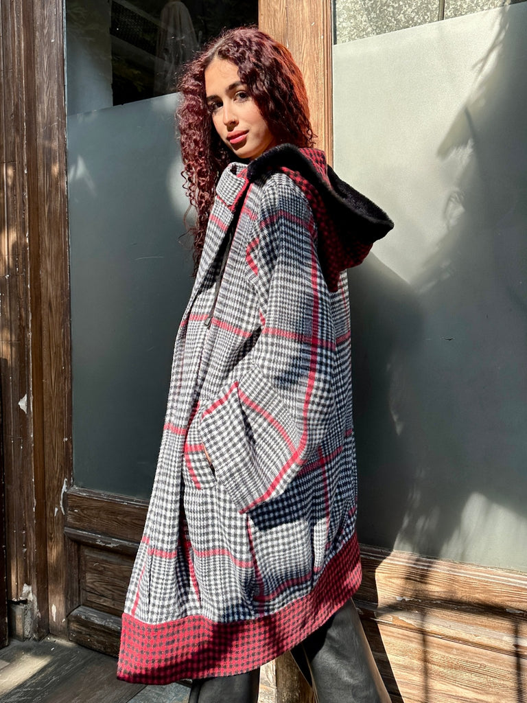 RedXGrey Plaid Fur Trim Coat - Mii