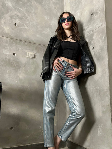 Silver Washed Mom Fit Denim Pants - Mii