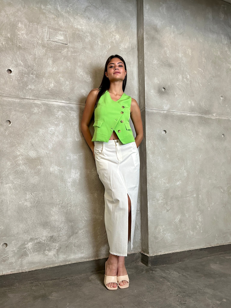 White Front Slit Gabardine Maxi Skirt - Mii